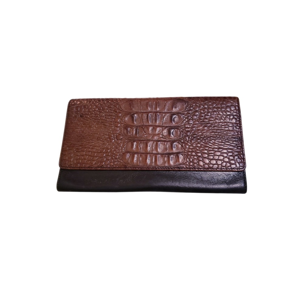 Brahmin Black & Brown Croc Embossed Trifold Wallet